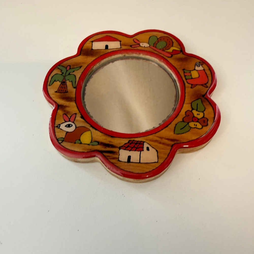 Vintage Hand Painted Folk Art Wooden Flower Wall Mirror Scalloped Red Border